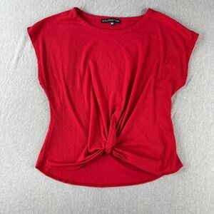 Elite Collection Top Womens Medium Red Excellent Ribbed Twist Front Cap Sleeve